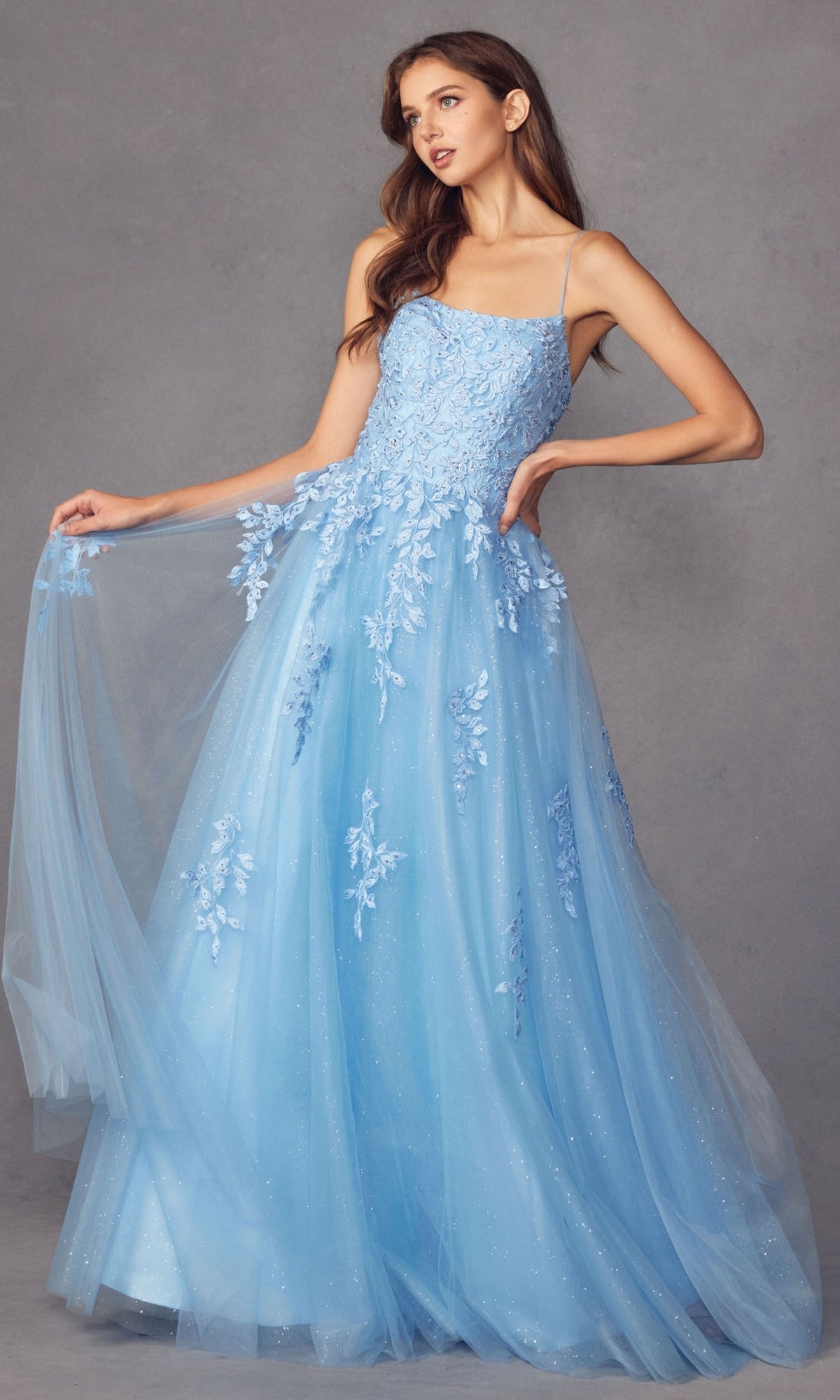 Corset-Back Long Glitter-Tulle Prom Ball Gown 260