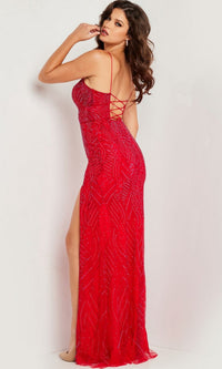 Jovani Lace-Up Long Red Beaded Prom Dress 26084