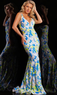 Jovani V-Back Long Sequin-Print Prom Dress 26130