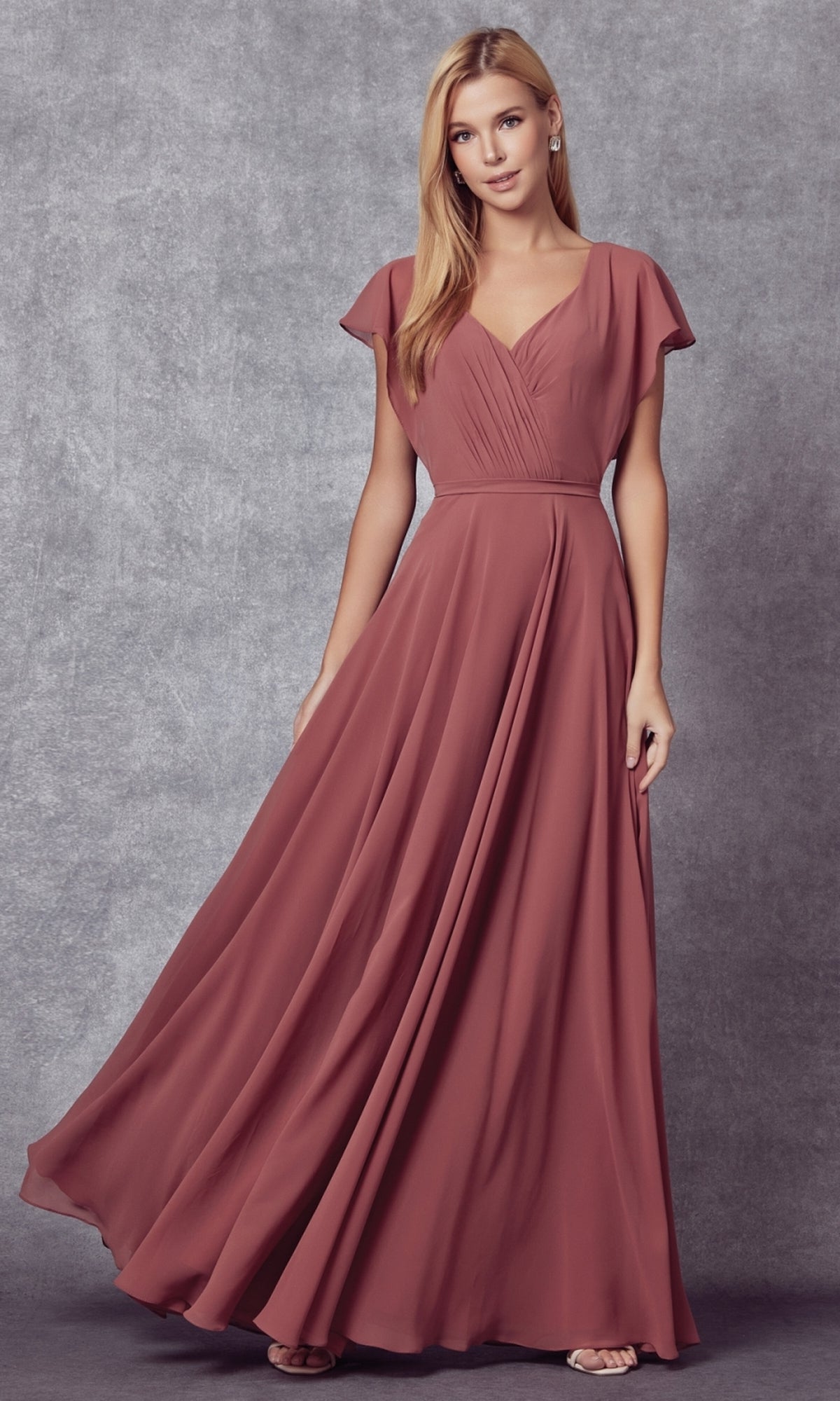 Flutter-Sleeve Long Formal Evening Gown 261