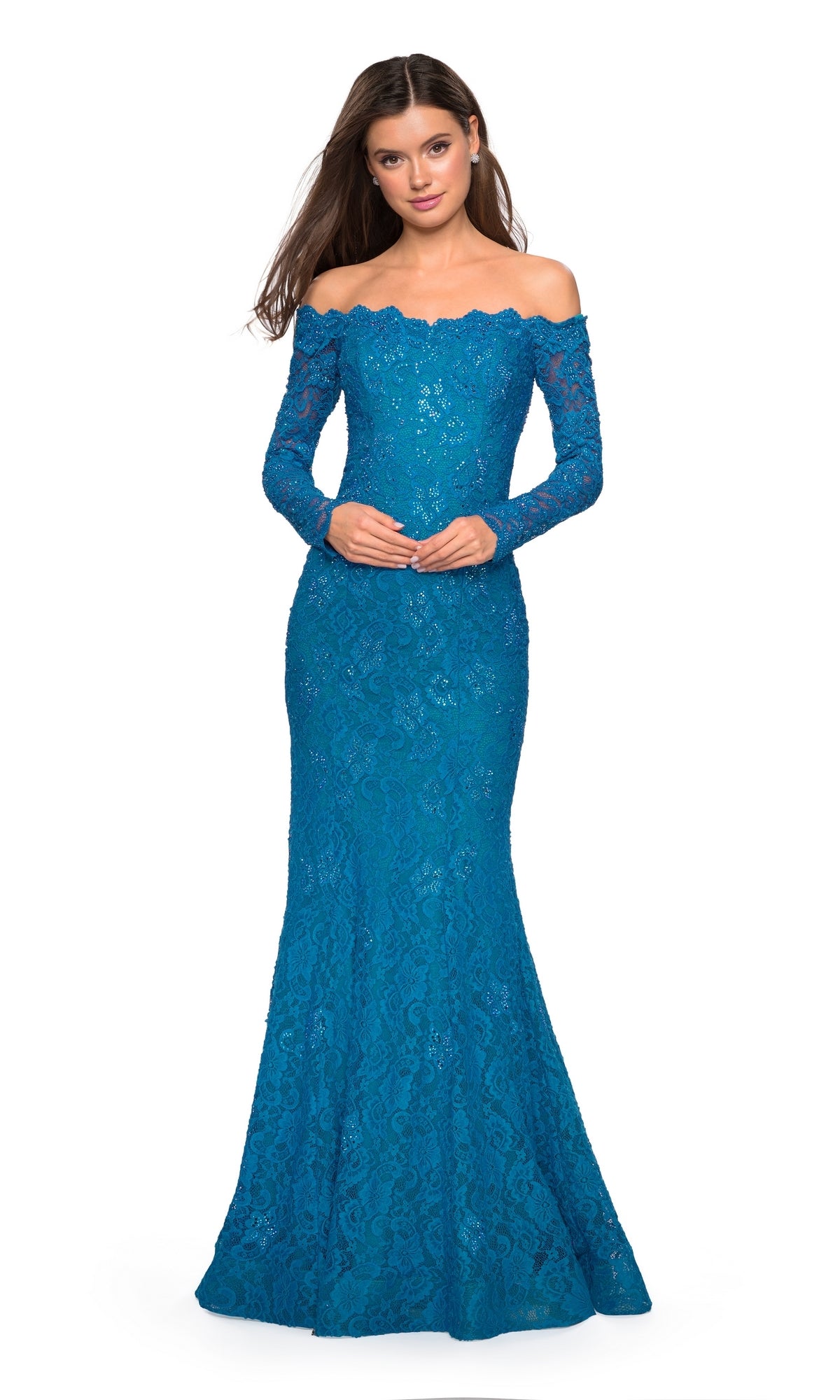 La Femme Long-Sleeve Lace Mermaid Formal Dress 26393