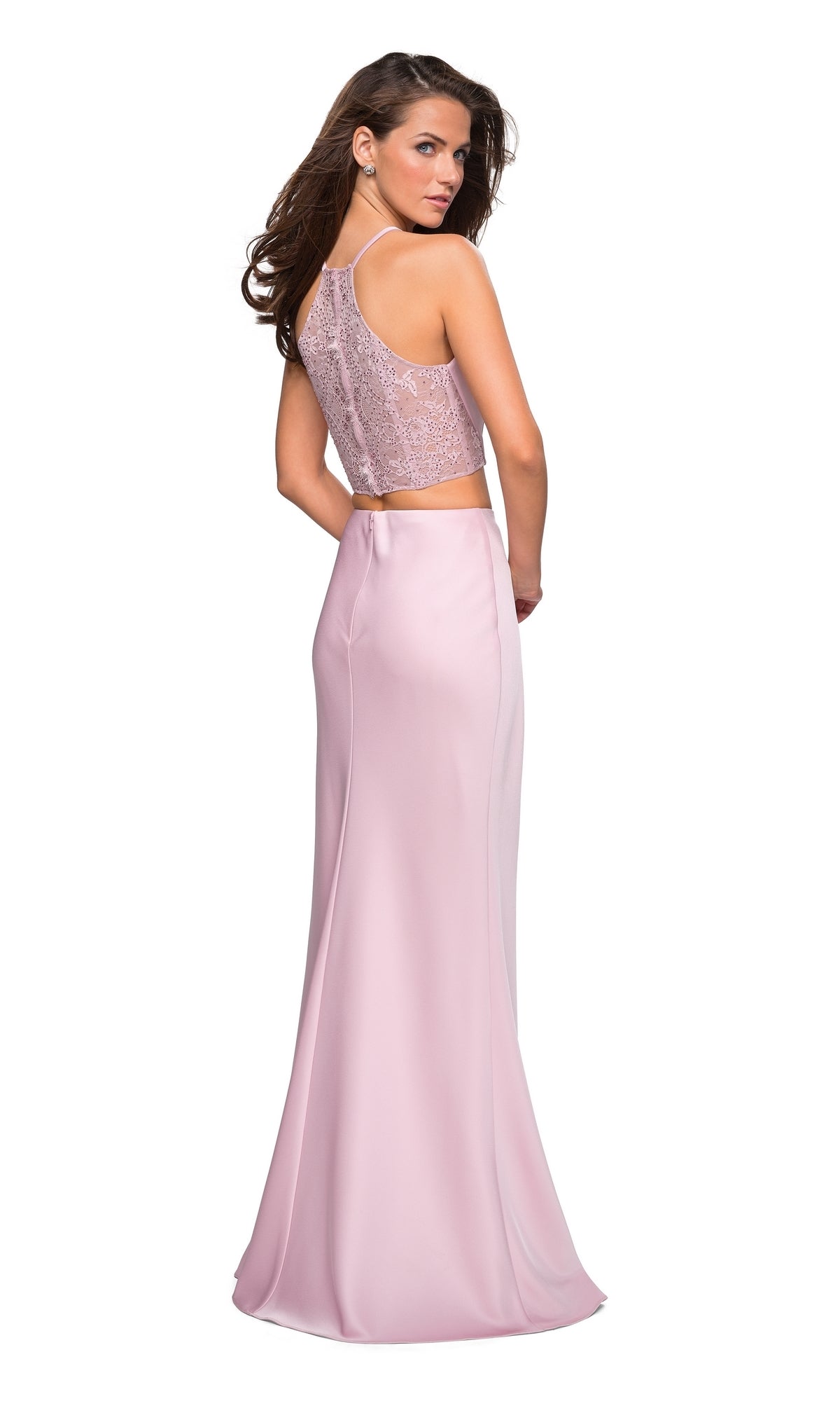 La Femme Two-Piece Blush Pink Satin Prom Dress 26926