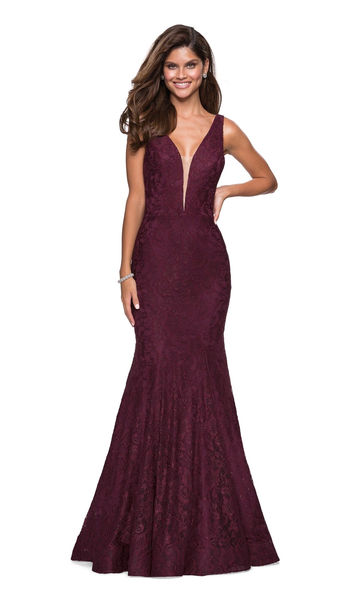 La Femme V-Neck Lace Mermaid Prom Dress 27464