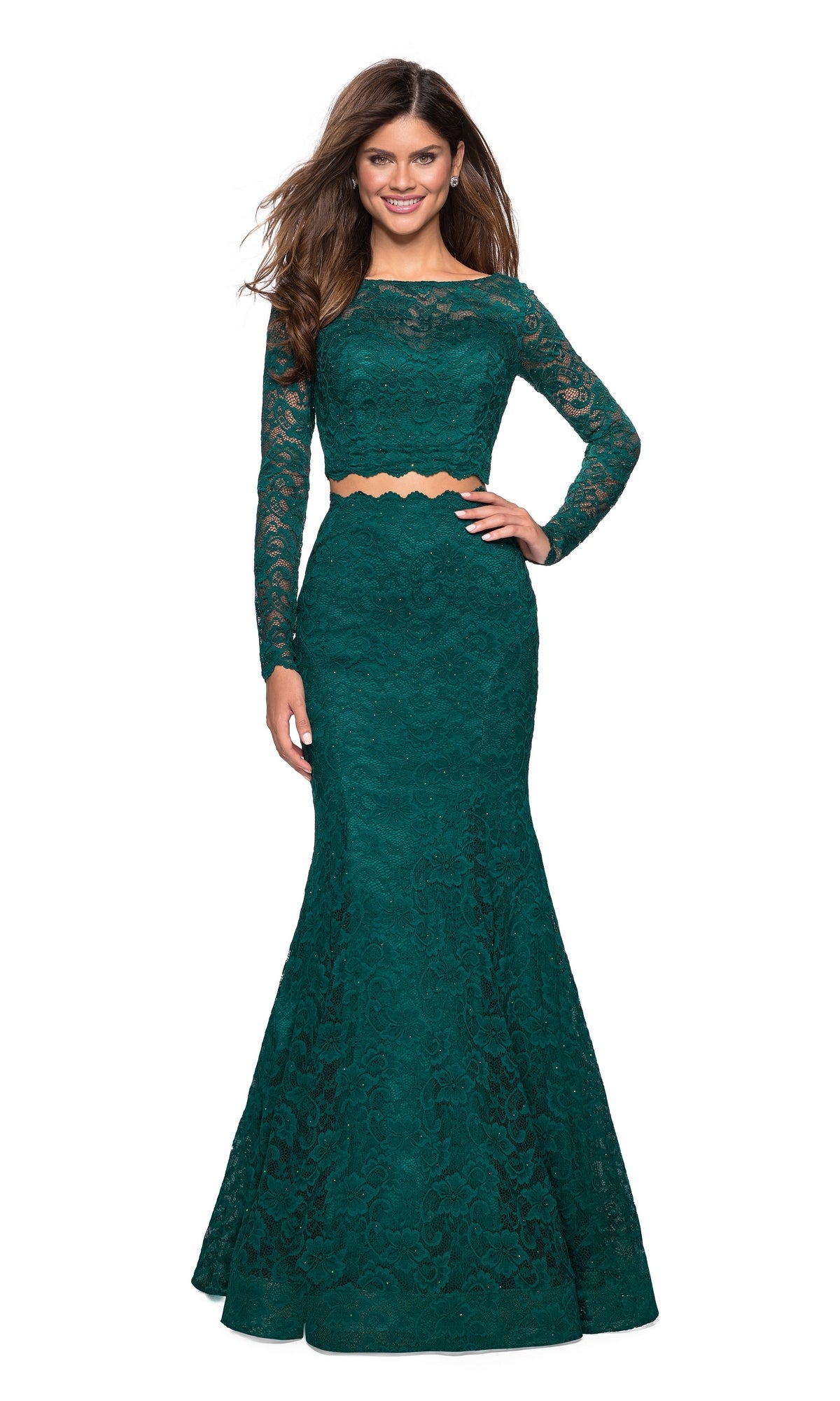 La Femme Long-Sleeve Two-Piece Lace Prom Dress 27601