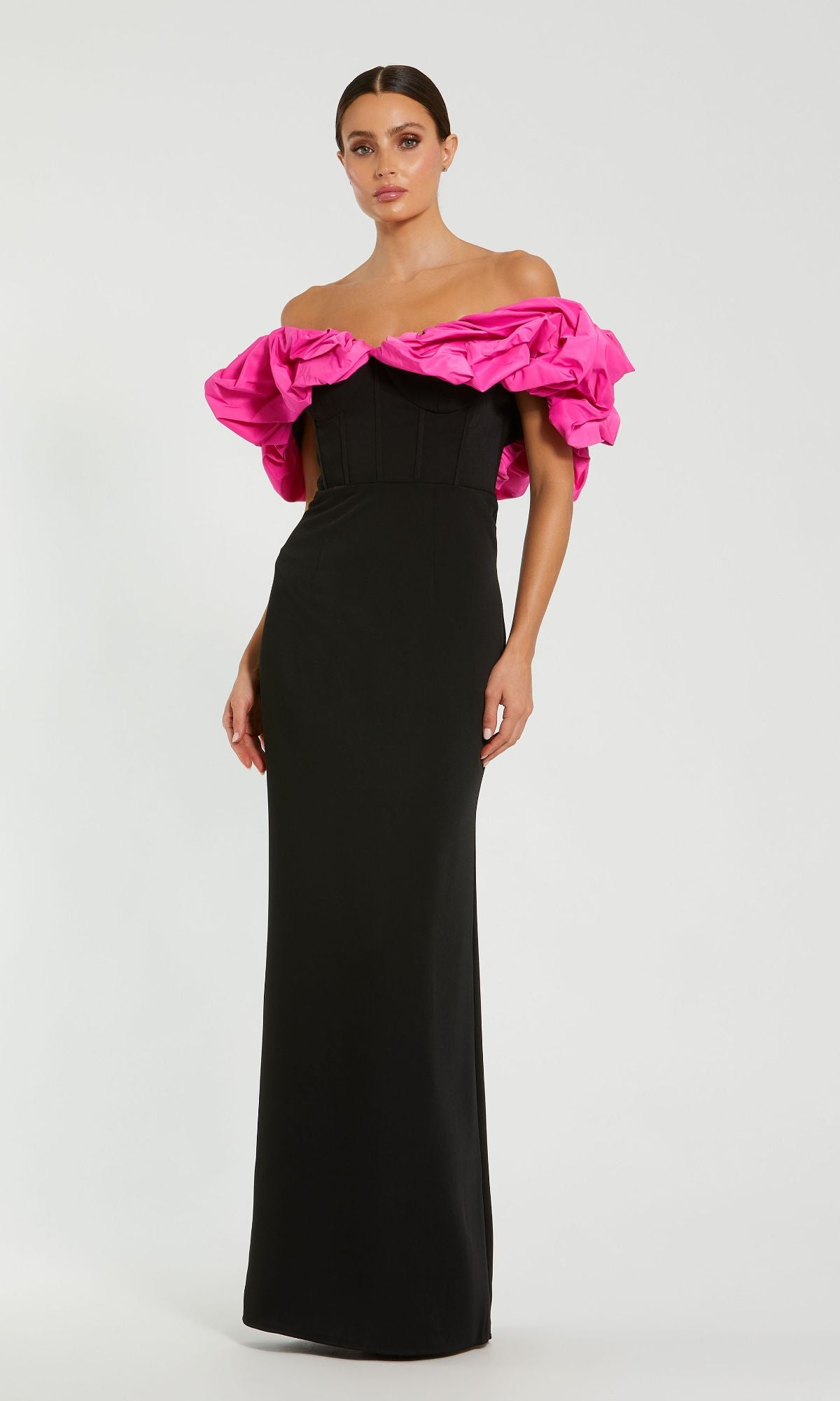 Hot Pink and Black Prom Gown: Mac Duggal 27669