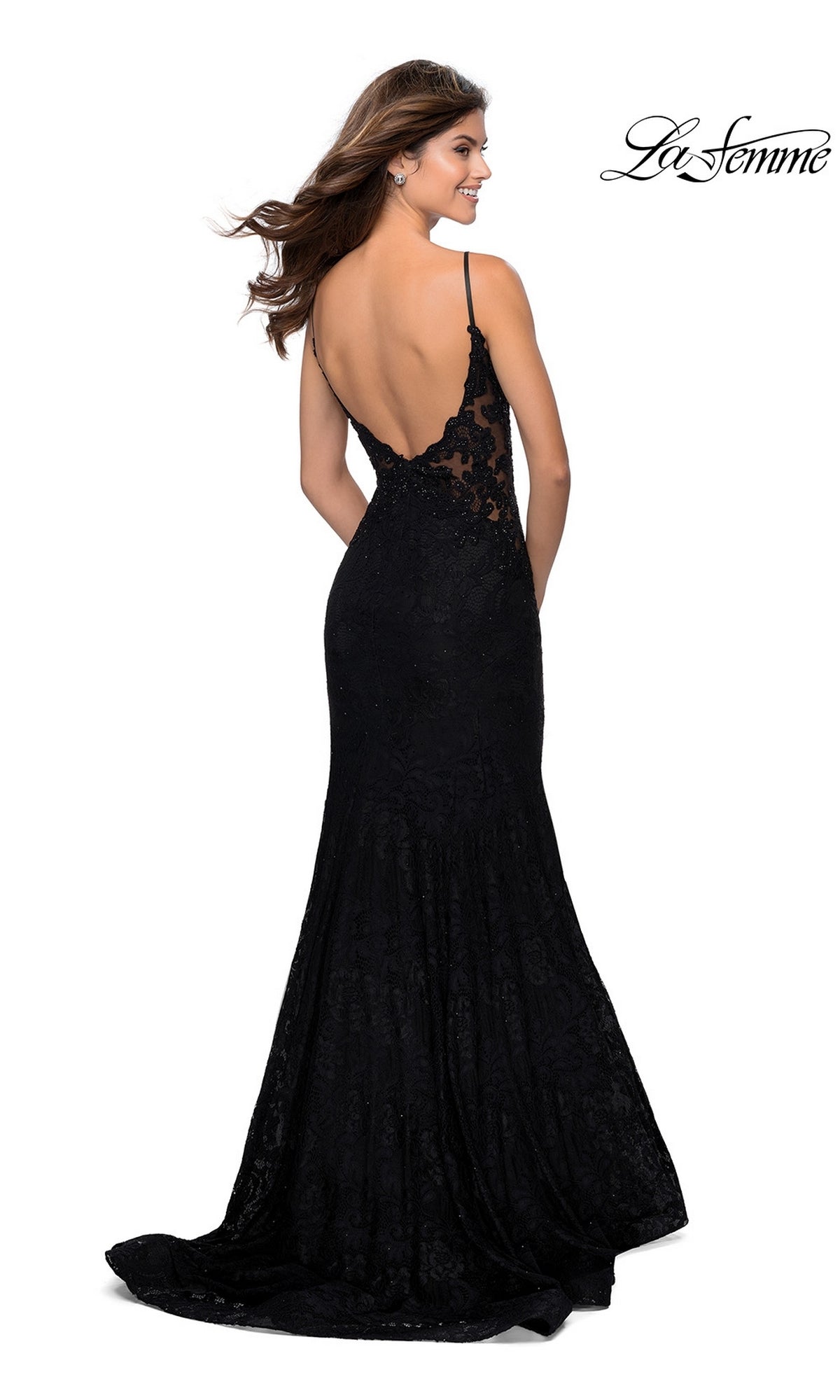 La Femme Backless Long Lace Prom Dress 28355