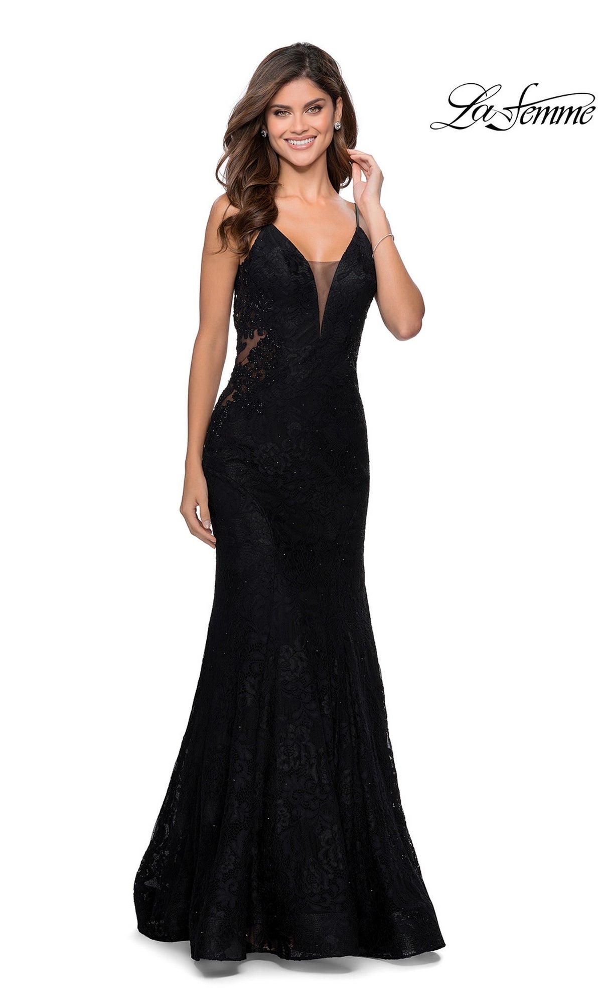 La Femme Backless Long Lace Prom Dress 28355