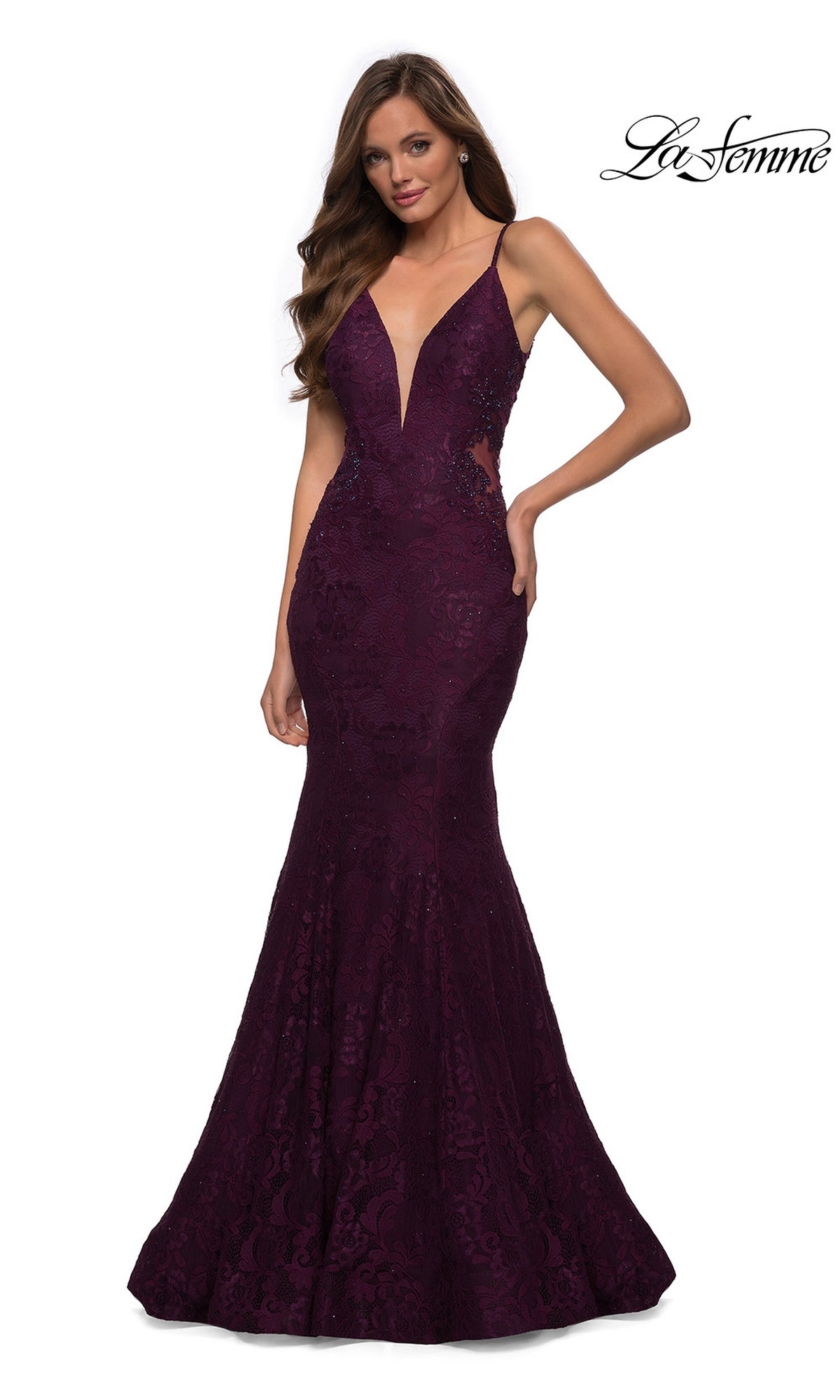 La Femme Backless Long Lace Prom Dress 28355