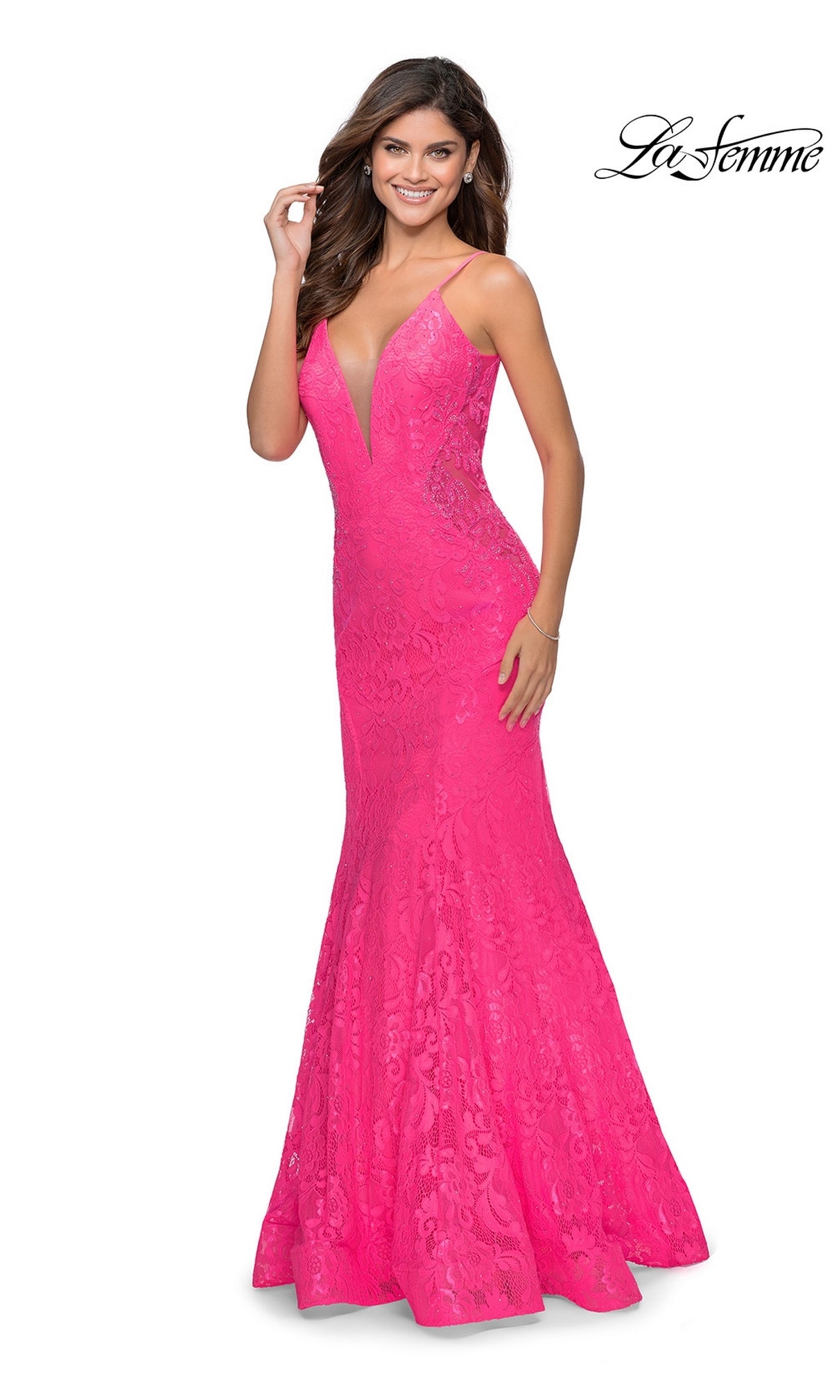 La Femme Backless Long Lace Prom Dress 28355