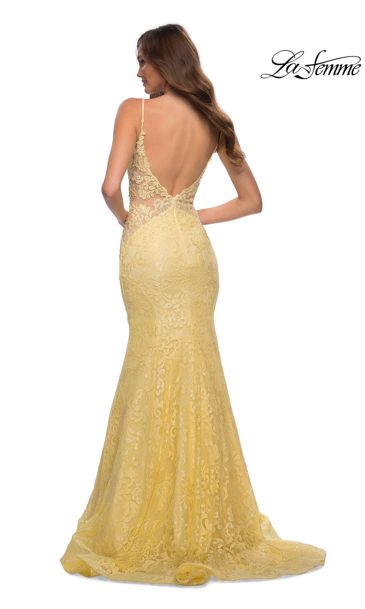 Backless Long Yellow Lace Prom Dresses, Backless Yellow Lace