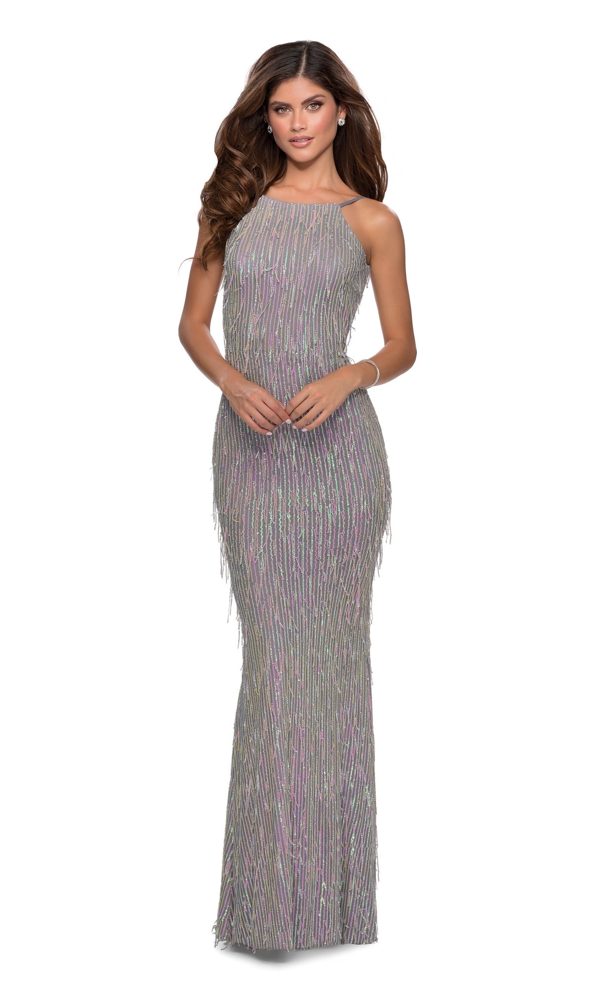 La Femme Backless Sequin Fringe Prom Dress 28517