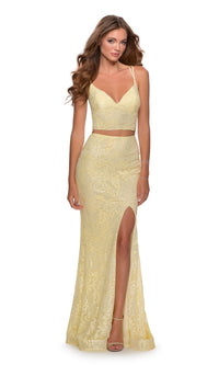 La Femme V-Neck Lace Two-Piece Prom Dress 28590