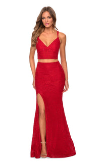 La Femme V-Neck Lace Two-Piece Prom Dress 28590