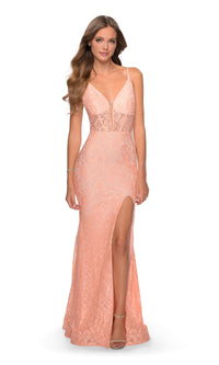 La Femme V-Neck Sheer Corset Lace Prom Dress 28591