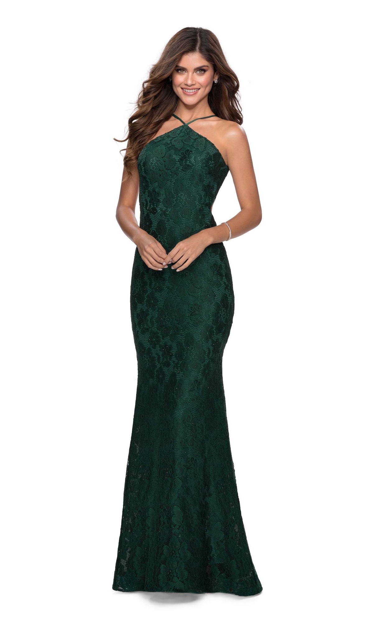 La Femme High-Neck Backless Lace Prom Dress 28619