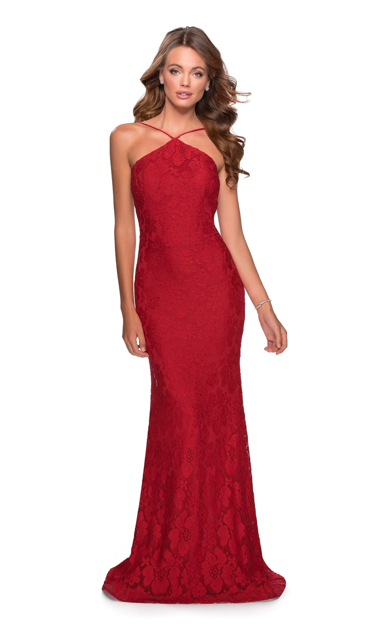 La Femme High-Neck Backless Lace Prom Dress 28619