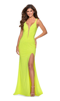 La Femme V-Neck Beaded Neon Prom Dress 28760