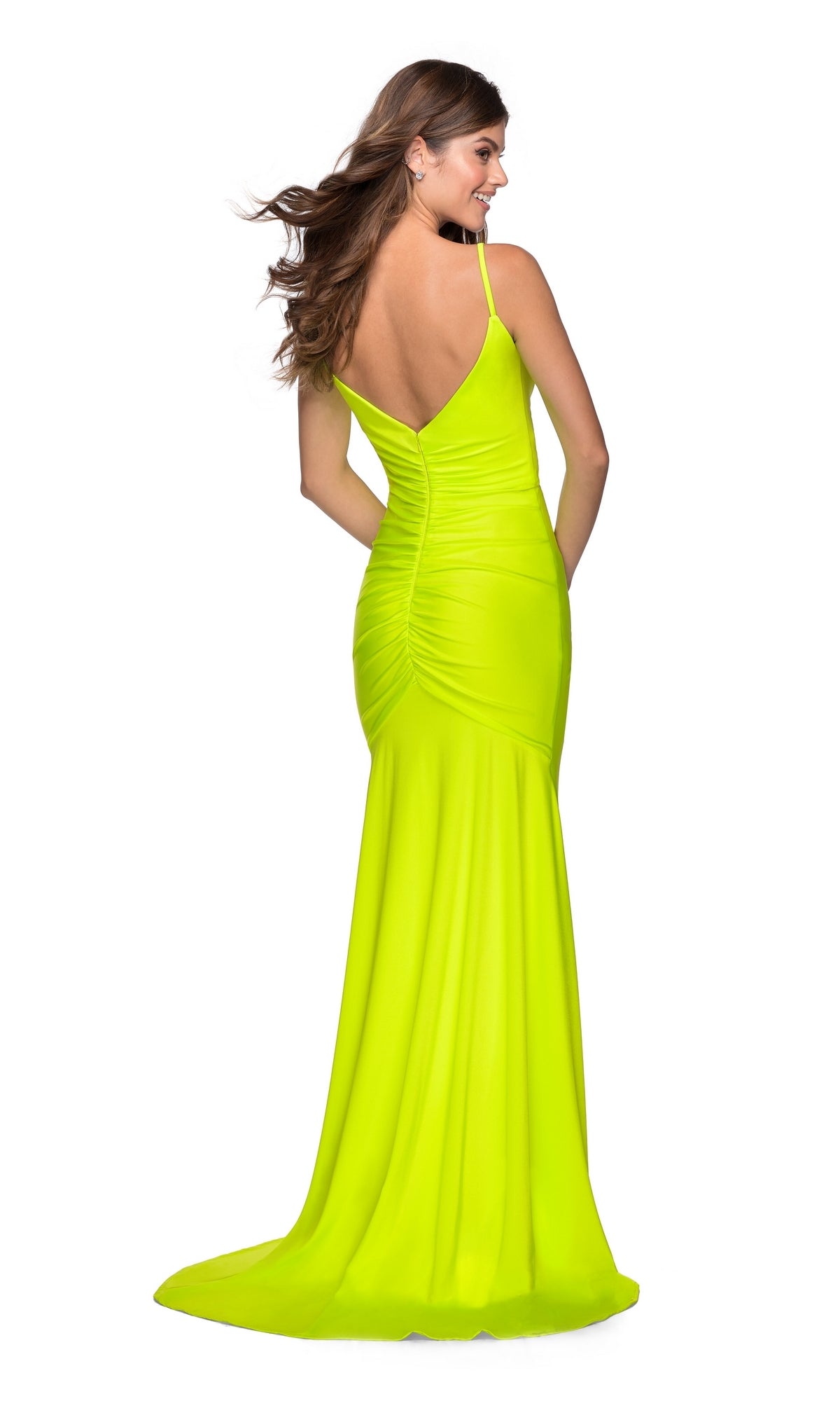 La Femme Open-Back Ruched Neon Prom Dress 28891