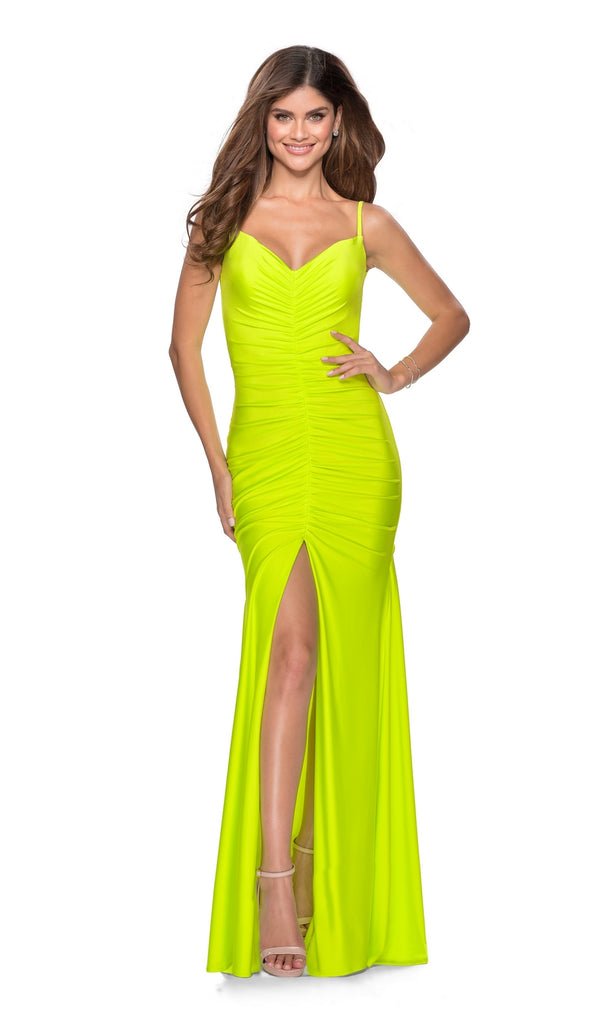 La Femme Deep V Neck Ruched Strappy Back Jersey Gown Yellow Women s 8