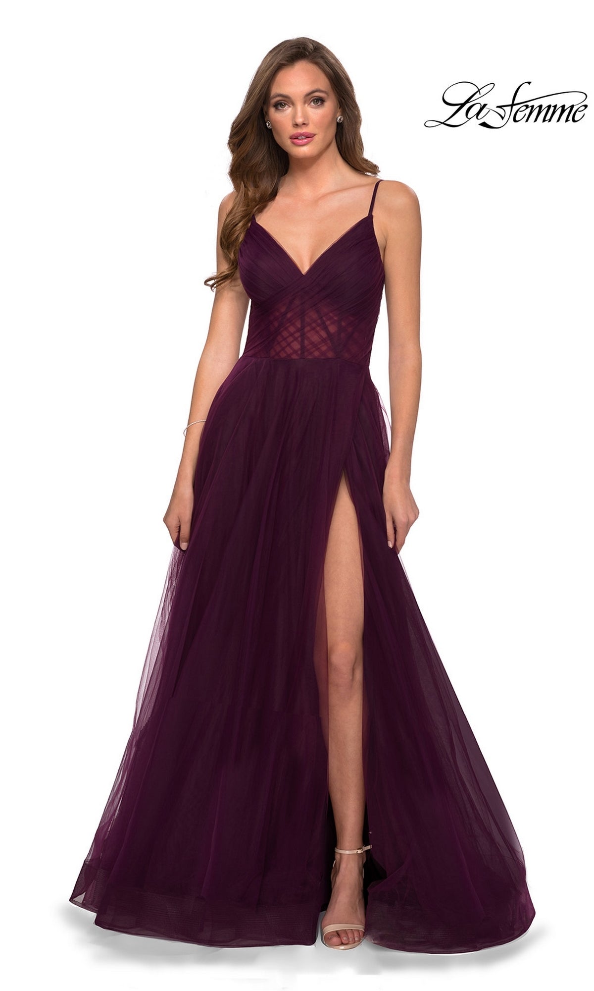 La Femme Sheer-Waist Long A-Line Prom Dress 29076