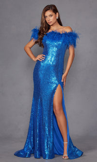 Feather-Trimmed Long Sequin Prom Dress: Juliet 292