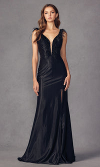 Feather-Trim Long Black Formal Dress 293