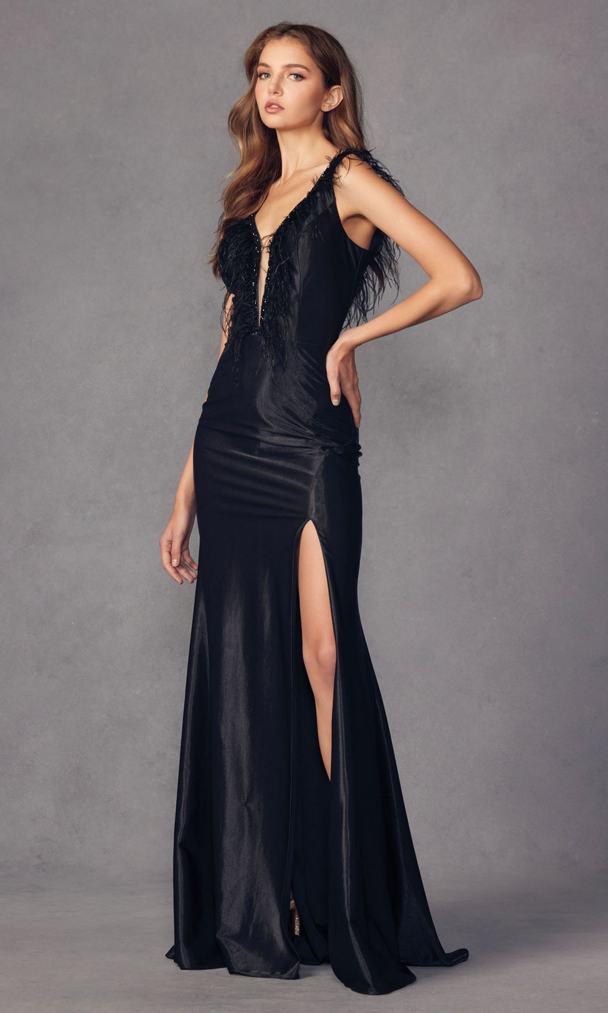 Feather-Trim Long Black Formal Dress 293