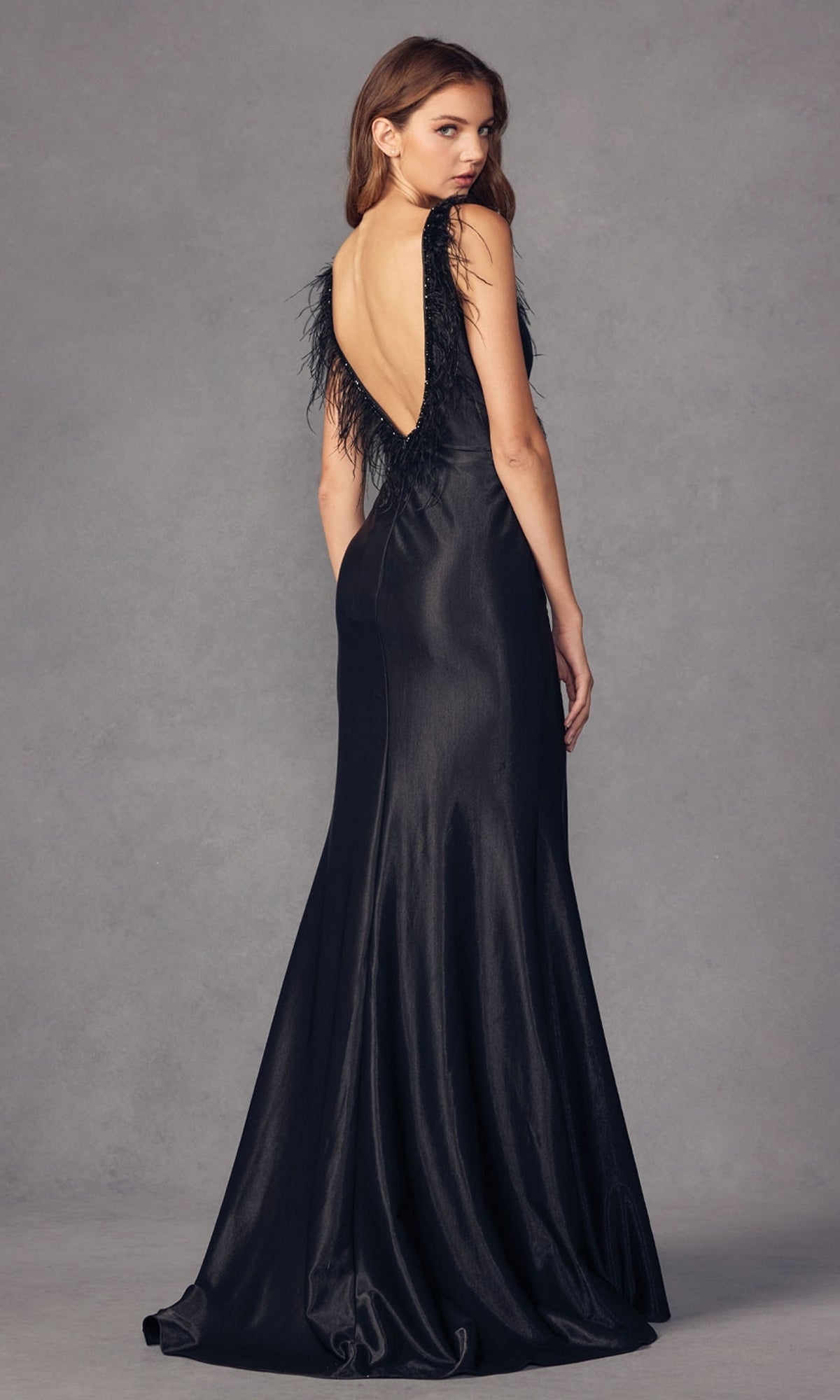 Feather-Trim Long Black Formal Dress 293