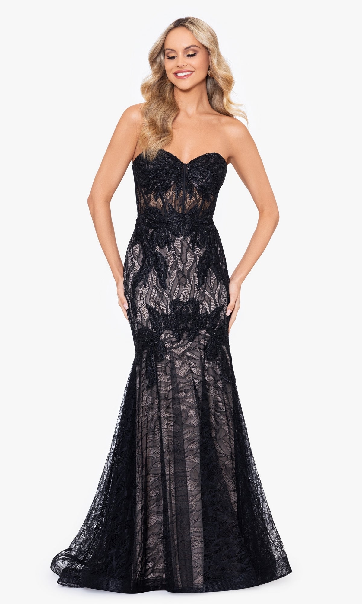 Strapless Black Lace Prom Dresses, Strapless Black Lace Formal Evening