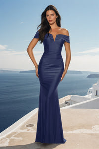 La Femme Off-the-Shoulder Long Jersey Formal Dress