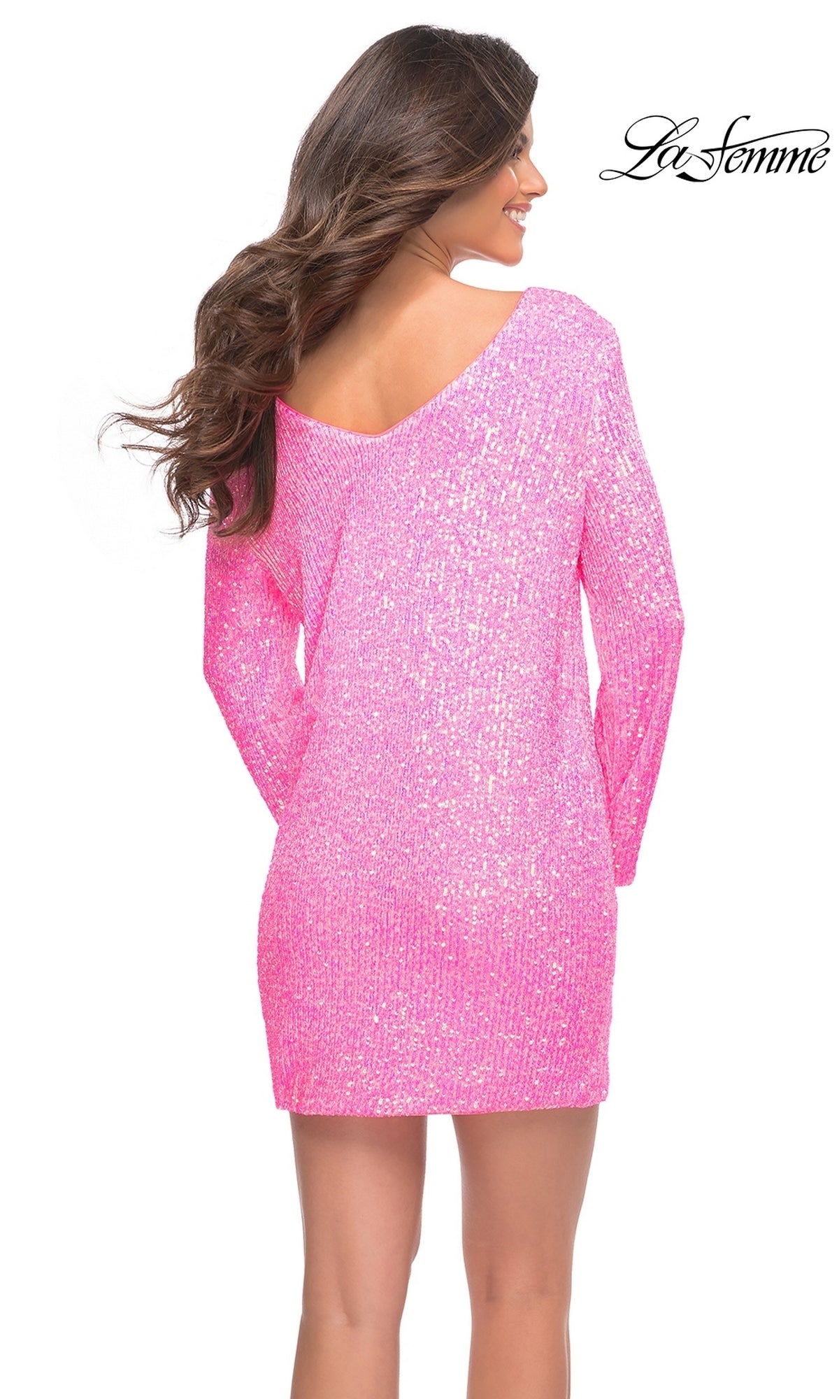 Long-Sleeve Neon Pink Sequin Homecoming Dress 30213