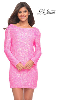 Long-Sleeve Neon Pink Sequin Homecoming Dress 30213