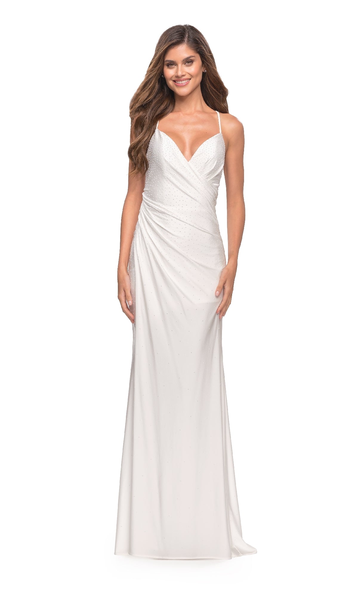 Faux-Wrap Long Beaded Prom Gown by La Femme