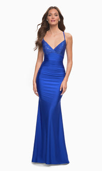 La Femme Long Jersey Prom Dress with Beaded Bust