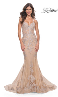 La Femme Long Champagne Mermaid Prom Dress 30716