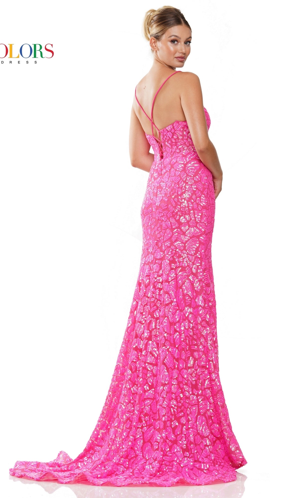 Sequin-Print Long Prom Dress with Lace-Up Back