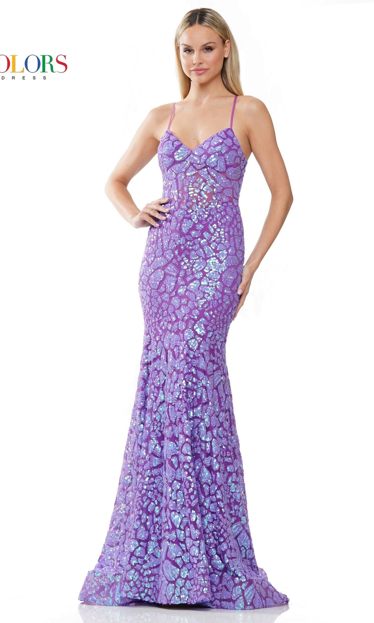 Sequin-Print Long Prom Dress with Lace-Up Back