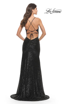 V-Neck Long Sequin Backless Prom Dress with Open Back