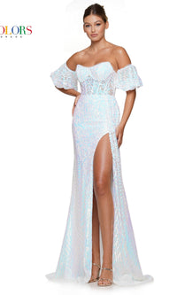 Puff-Sleeve Strapless Long Sequin Prom Dress 3115