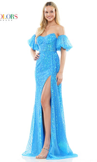 Puff-Sleeve Strapless Long Sequin Prom Dress 3115