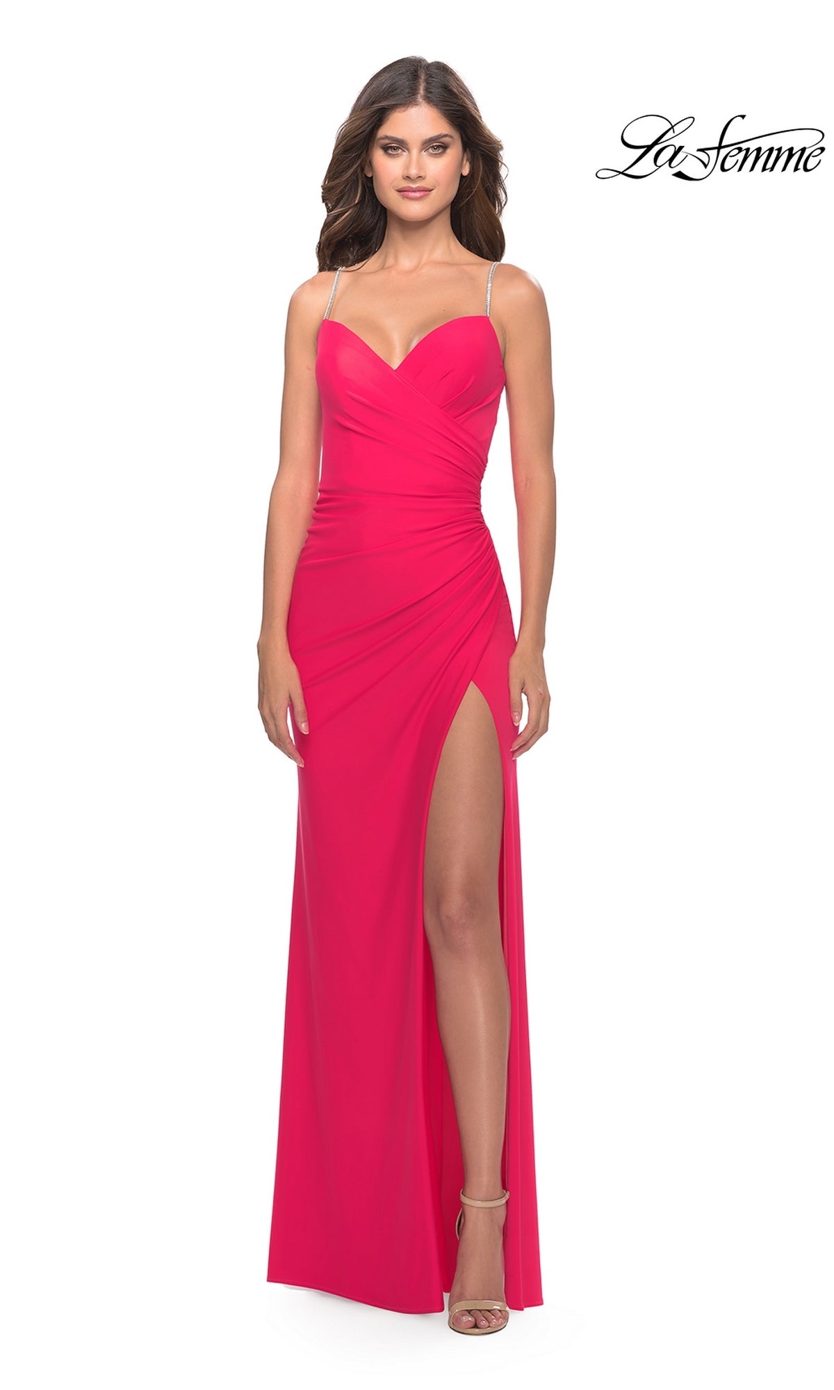 La Femme Hot Coral Pink Prom Dress 31224