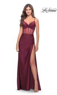 Deep V-Neck Sheer Corset Satin Gown