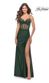 La Femme V-Neck Sheer-Corset Long Prom Dress 31229