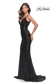 La Femme Beaded Long Black Lace Prom Dress 31257