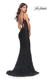 La Femme Beaded Long Black Lace Prom Dress 31257