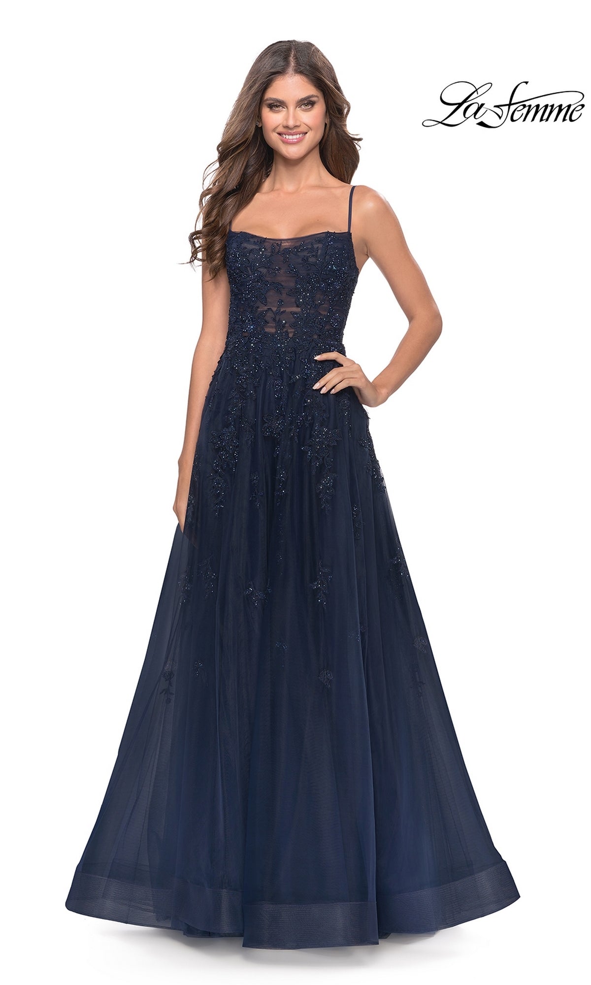 La Femme Lace-Bodice Long A-Line Prom Dress 31381