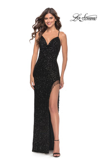 La Femme Fringe-Trim Long Sequin Prom Dress 31389