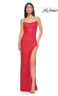 La Femme Hot Coral Long Beaded Prom Dress 31432