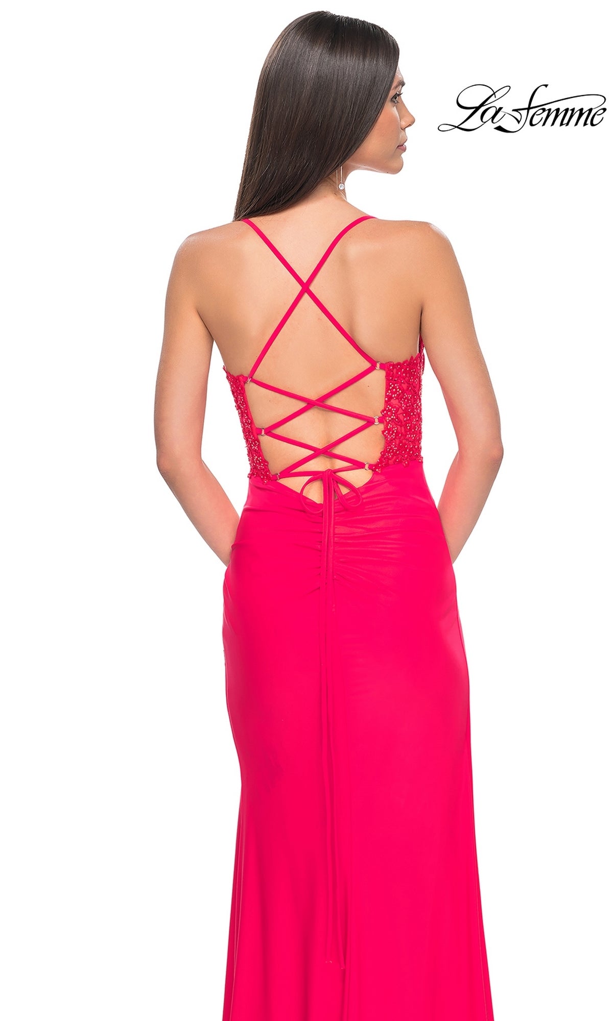 La Femme Bright Hot Coral Long Prom Dress 31440