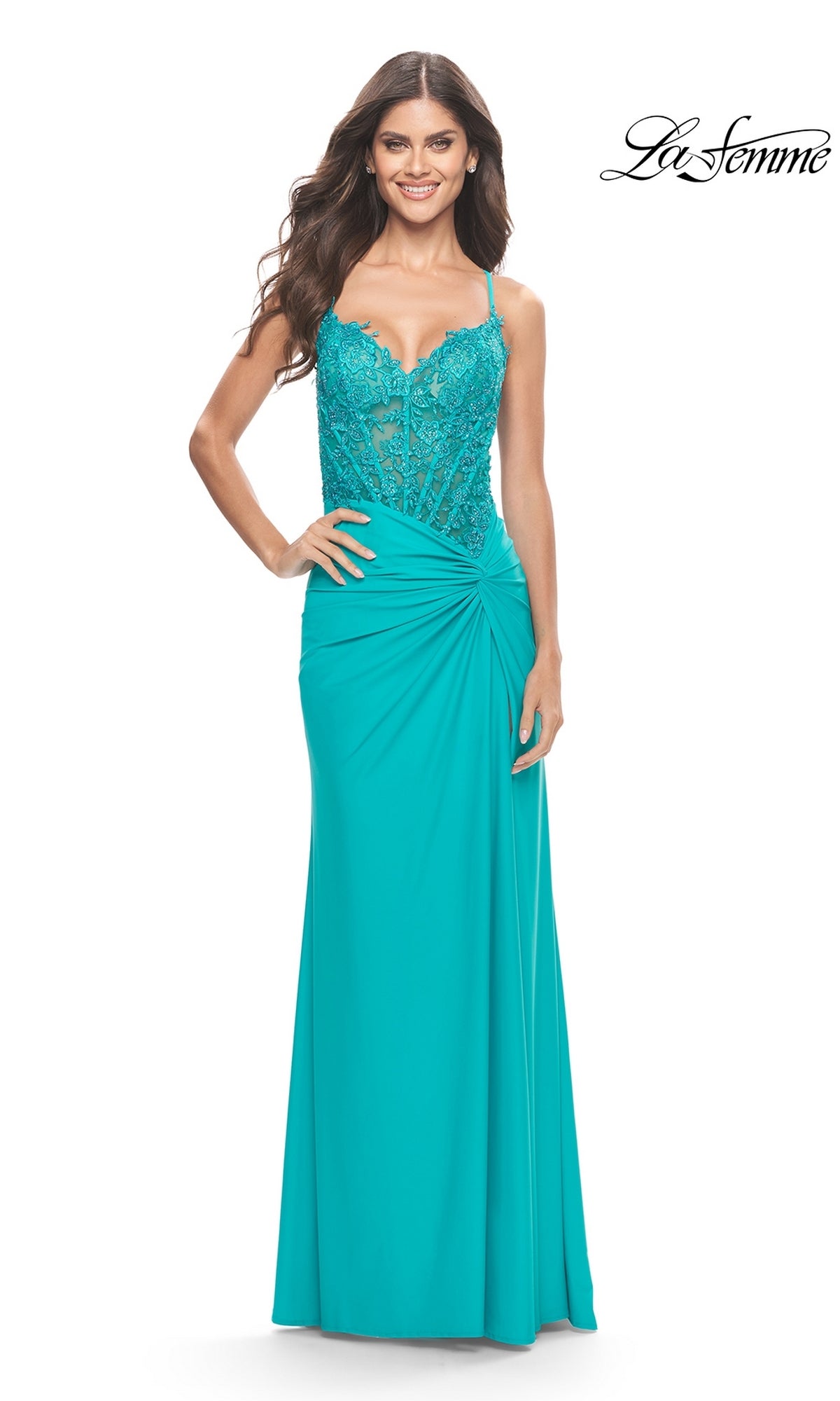 Sheer-Bodice Long Prom Dress: La Femme 31447